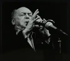 Woody Herman playing his clarinet at the Forum Theatre, Hatfield, Hertfordshire, 24 May 1983. Creator: Denis Williams