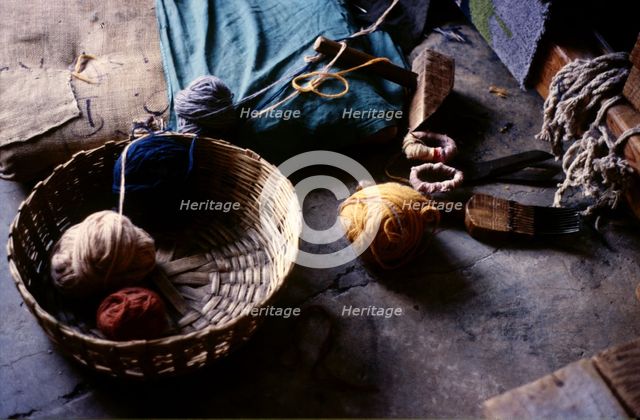 Wool yarns, Tibetan refugee carpet weaving project, Dharamsala, India, 1988. Creator: Amanda Waite.