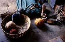 Wool yarns, Tibetan refugee carpet weaving project, Dharamsala, India, 1988. Creator: Amanda Waite