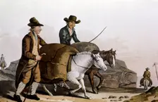 Wool merchant taking pieces of cloth to the Cloth Hall at Leeds for sale, 1814