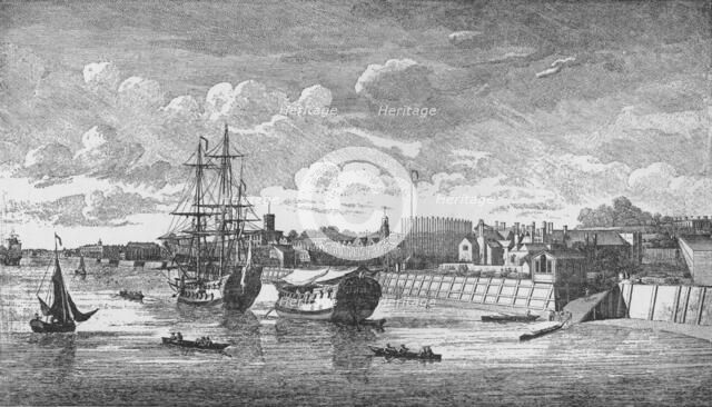 'Woolwich Dockyard from the Thames', c1750, (1912). Artists: Unknown, John Boydell.