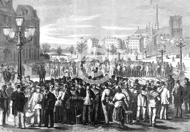 Workmen waiting to be engaged in the Place of the Hotel de Ville, Paris, 1869. Creator: Unknown.