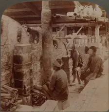 Workmen watching kilns of precious Awata porcelain, in Kinkosan works, Kyoto, Japan 1904
