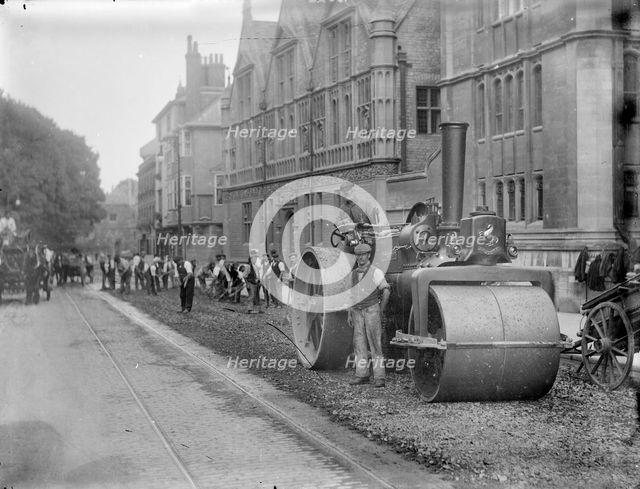 Workmen with a steam roller in High Street, Oxford, Oxfordshire, c1860-c1922. Artist: Henry Taunt