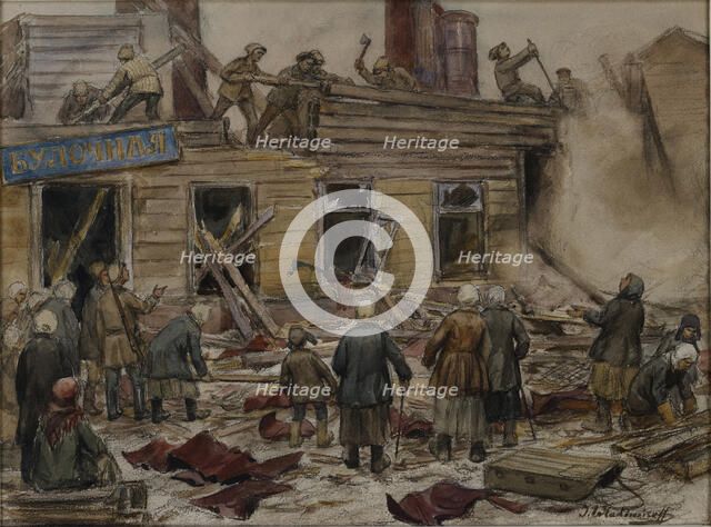 Workmen demolishing wooden houses for fuel , 1920.