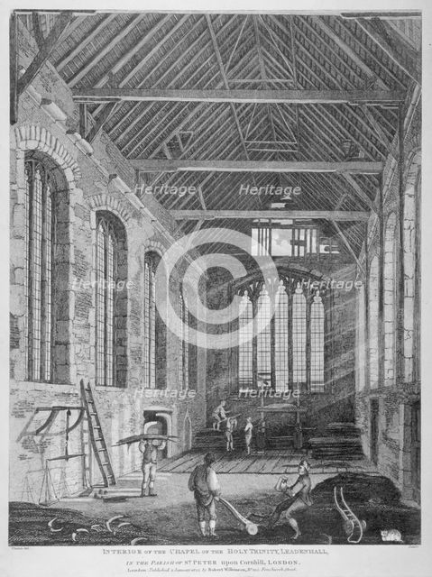 Workmen dismantling Holy Trinity Chapel, Leadenhall Street, City of London, 1825.                    Artist: Thomas Dale