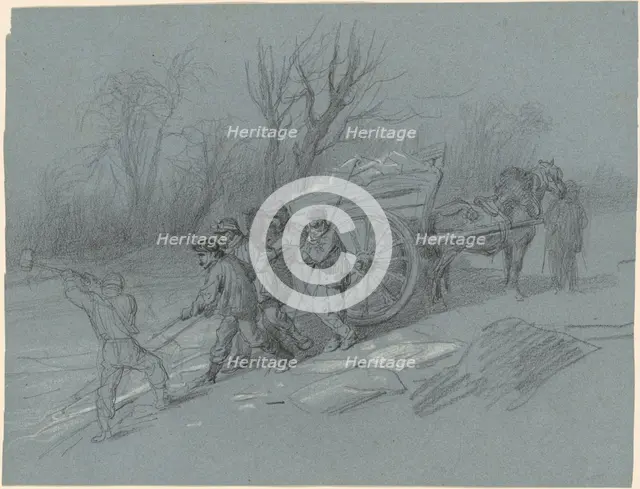 Workmen Gathering Ice at the Water's Edge, c. 1850. Creator: Hippolyte Lalaisse.