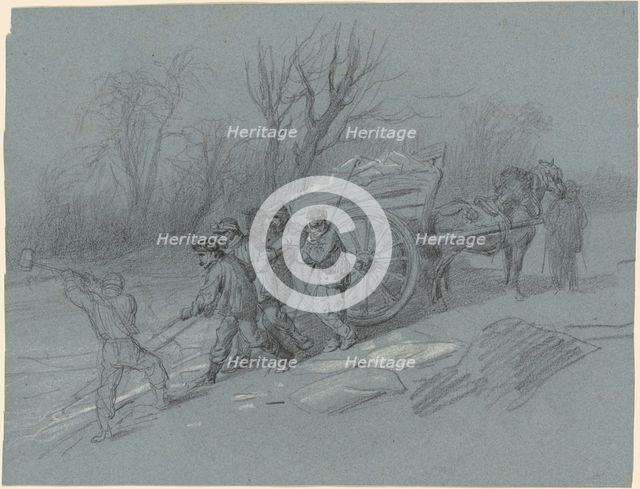 Workmen Gathering Ice at the Water's Edge, c. 1850. Creator: Hippolyte Lalaisse.