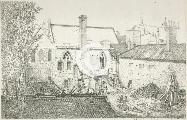 Workmen in a courtyard behind the Prince's Chamber, House of Lords, Westminster, London, 1807. Artist: John Thomas Smith.