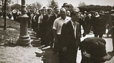 Workmen queuing for water, Battery Park, New York, USA, early 1930s. Creator: Unknown