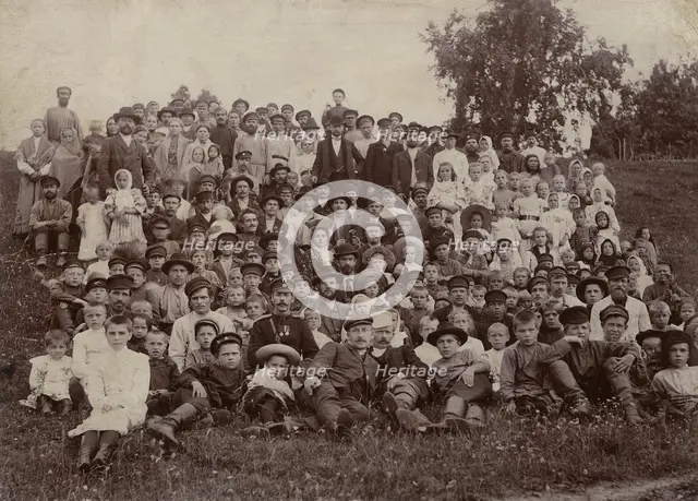 Workers and residents of the Znamensky glass factory village, 1909. Creator: S. Ia. Mamontov.