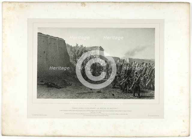 Workers Crowning the Breach of Bastion 7, from Souvenirs d’Italie: Expédition de Rome, 1859. Creator: Auguste Raffet.