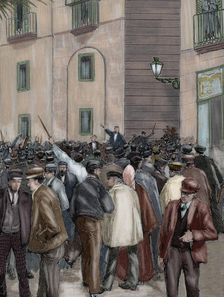 Workers demonstration outside the Captaincy General, Barcelona, Spain, 1890. Creator: Rico