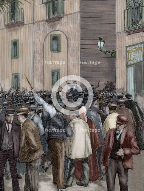 Workers' demonstration outside the Captaincy General, Barcelona, Spain, 1890. Creator: Rico.