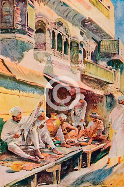 'Workers in an Indian Bazaar', 1913. Artist: John Henry Frederick Bacon.