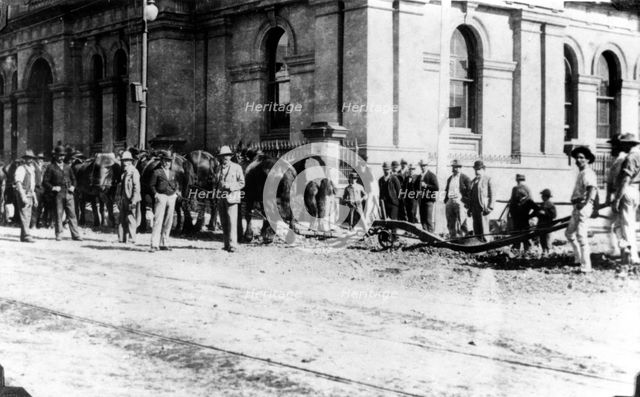 Workers ploughing Queen Street and Creek Street corner, Brisbane, Queensland, c1889. Creator: Unknown.