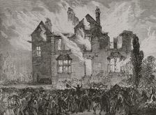 Workers strikes in Lancashire - burning of the house of Colonel Raynsford Jackson, Wilpshire, 1878. Creator: Unknown