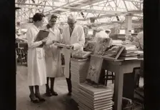 Work study in in the box making department, Rowntree factory, York, Yorkshire, 1954
