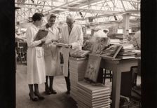 Work study in in the box making department, Rowntree factory, York, Yorkshire, 1954