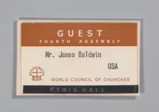 World Council of Churches guest badge for James Baldwin, July 1968. Creator: Unknown