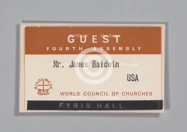 World Council of Churches guest badge for James Baldwin, July 1968. Creator: Unknown.