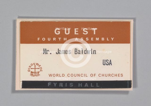 World Council of Churches guest badge for James Baldwin, July 1968. Creator: Unknown.