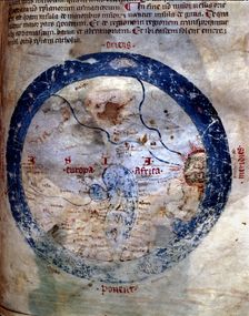 World map, miniature of Llibre Vermell de Montserrat 14th century. Creator: Unknown