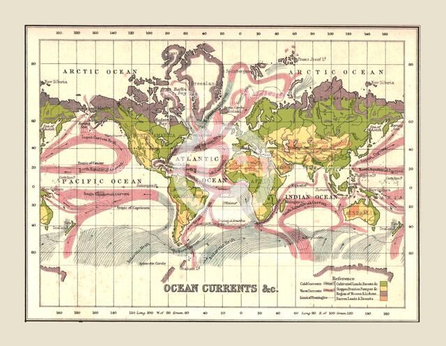 World Map showing Ocean Currents, 1902.  Creator: Unknown.