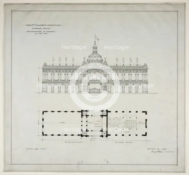 World's Colombian Exposition 64th Street Entrance, Chicago, Illinois, Plan and Elevation, 1892. Creator: Peter Joseph Weber.