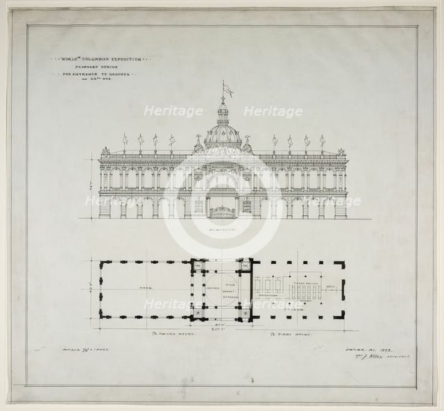 World's Colombian Exposition 64th Street Entrance, Chicago, Illinois, Plan and Elevation, 1892. Creator: Peter Joseph Weber.