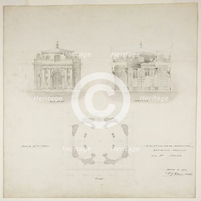 World's Colombian Exposition Chocolate-Menier Pavilion, Chicago, Plan, Elevation, and..., 1893. Creator: Peter Joseph Weber.