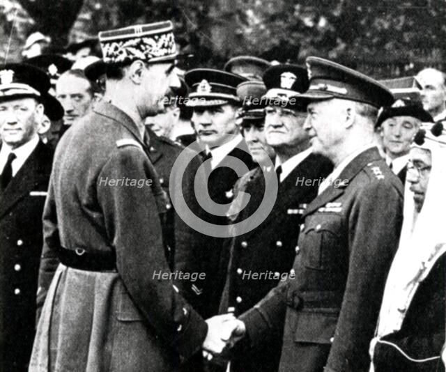 World War 2: De Gaulle greets Eisnhower, 1944. Artist: Anon