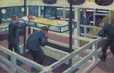 World War I: a hospital ship showing lift for transferring wounded sailors from deck to deck, c1918. Creator: Jan Gordon