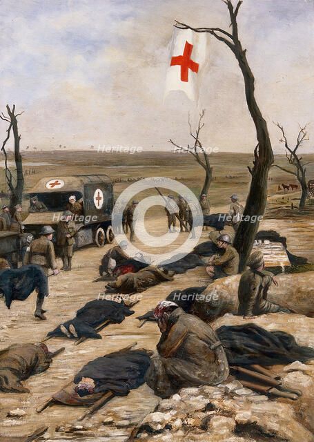 World War I: an advanced dressing-station by the roadside. Creator: Francis Barraud.