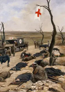 World War I: an advanced dressing-station by the roadside. Creator: Francis Barraud