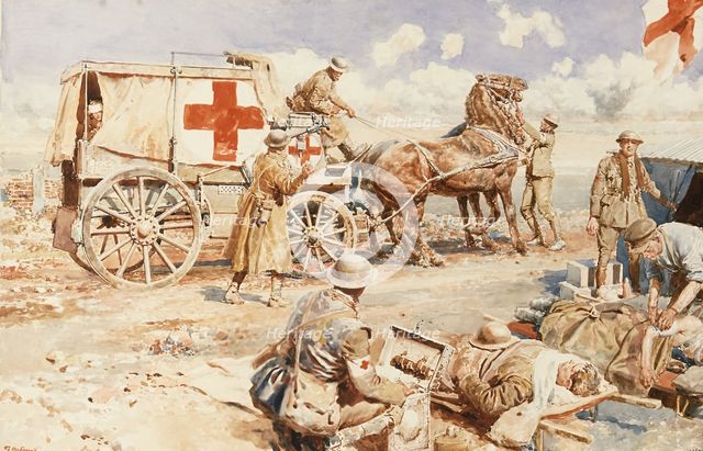 World War I: an advanced dressing station on the Western Front, 1917. Creator: Fortunino Matania.