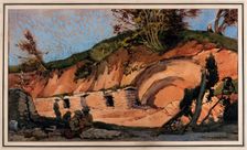 World War I: soldiers in front of a bunker shelter, c1910s. Creator: Walter Ernest Spradbery
