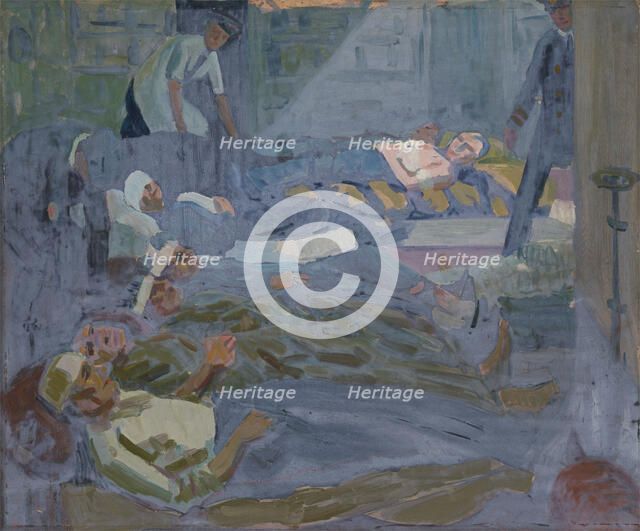 World War I: wounded sailors after treatment in a distributing station, c1918. Creator: Jan Gordon.