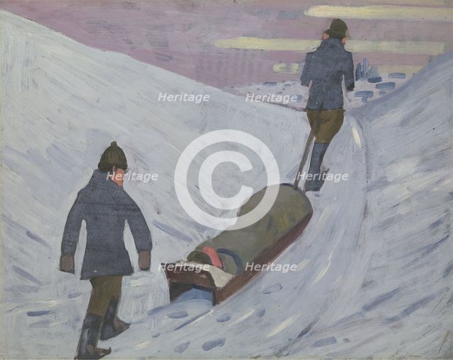World War I: transport of the wounded by sledge in Russia, 1918. Creator: Jan Gordon.