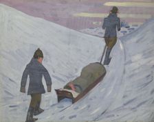 World War I: transport of the wounded by sledge in Russia, 1918. Creator: Jan Gordon