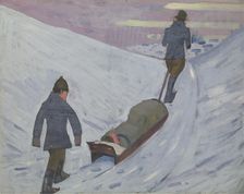 World War I: transport of the wounded by sledge in Russia, 1918. Creator: Jan Gordon