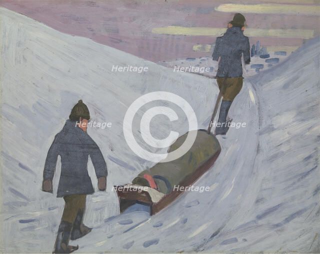 World War I: transport of the wounded by sledge in Russia, 1918. Creator: Jan Gordon.