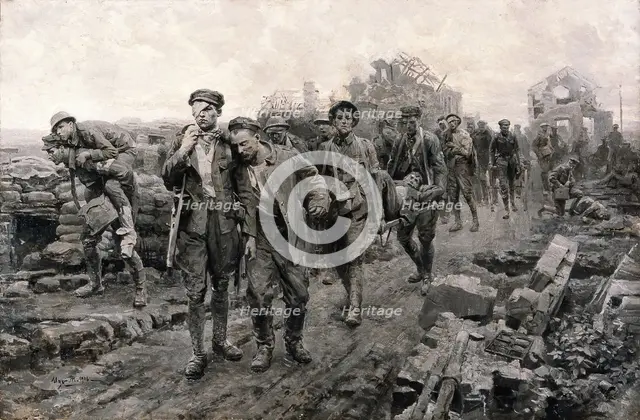 World War I: transport of the wounded. Creator: Ugo Matania.
