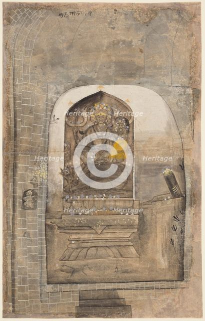 Worship of stone image of Shiva and Parvati within a lingam, c. 1710. Creator: Unknown.