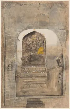 Worship of stone image of Shiva and Parvati within a lingam, c. 1710. Creator: Unknown