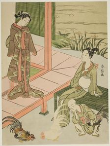 Watching a Cockfight at the Edge of the Veranda, c. 1767/68. Creator: Suzuki Harunobu