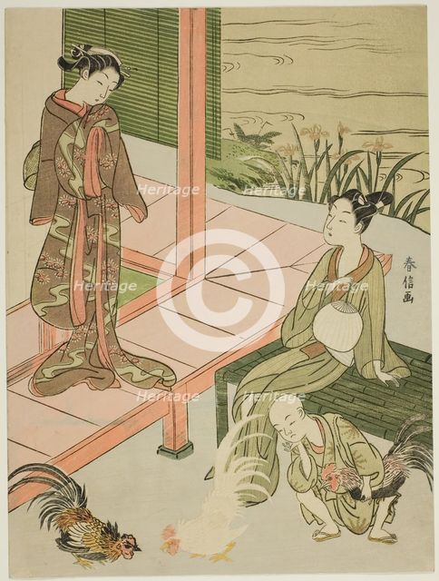 Watching a Cockfight at the Edge of the Veranda, c. 1767/68. Creator: Suzuki Harunobu.