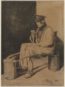 Water Carrier Seated on His Yoke, 1861. Creator: François Bonvin (French, 1817-1887)