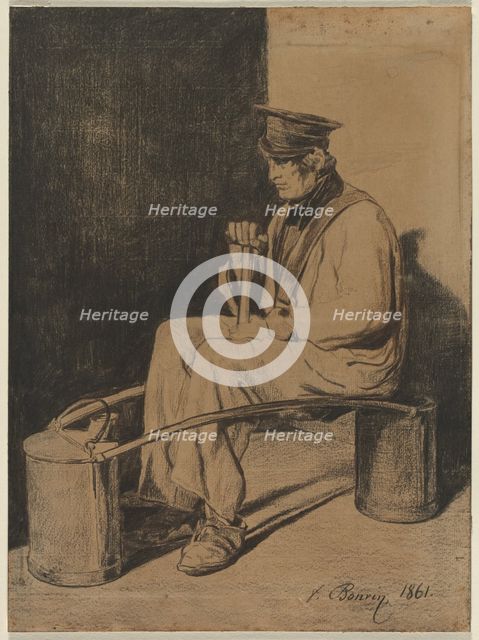 Water Carrier Seated on His Yoke, 1861. Creator: François Bonvin (French, 1817-1887).