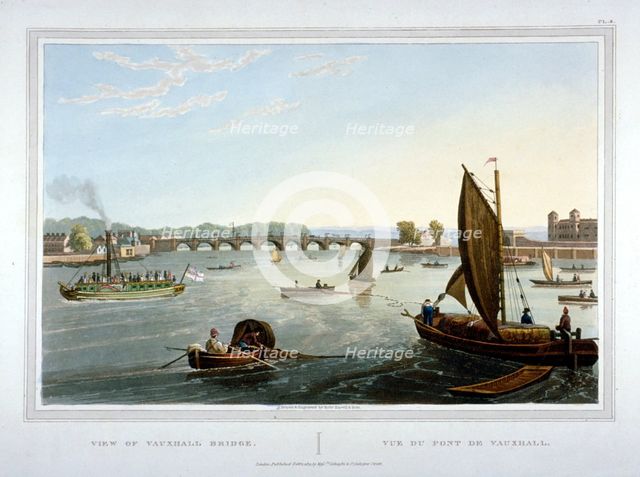Water craft on the River Thames with Vauxhall Bridge in the distance, London, 1821.                  Artist: Robert Havell